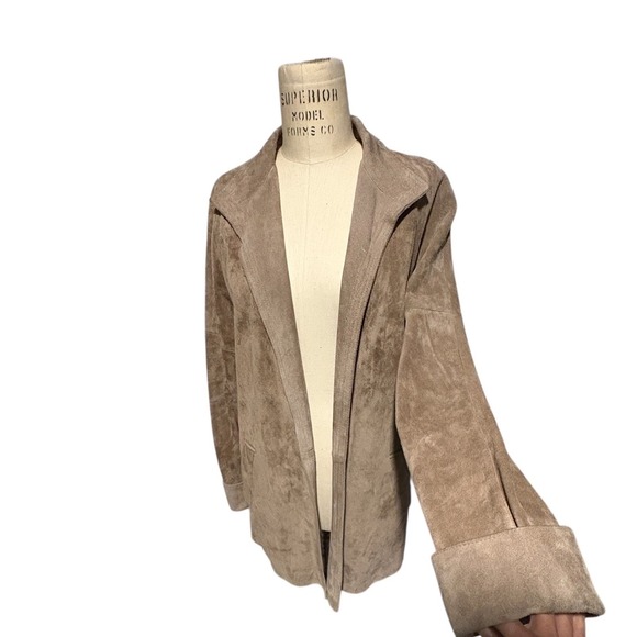 Vintage 80s BG Street Suede Leather Open Front Cardigan Jacket Taupe Women Small - Picture 5 of 11